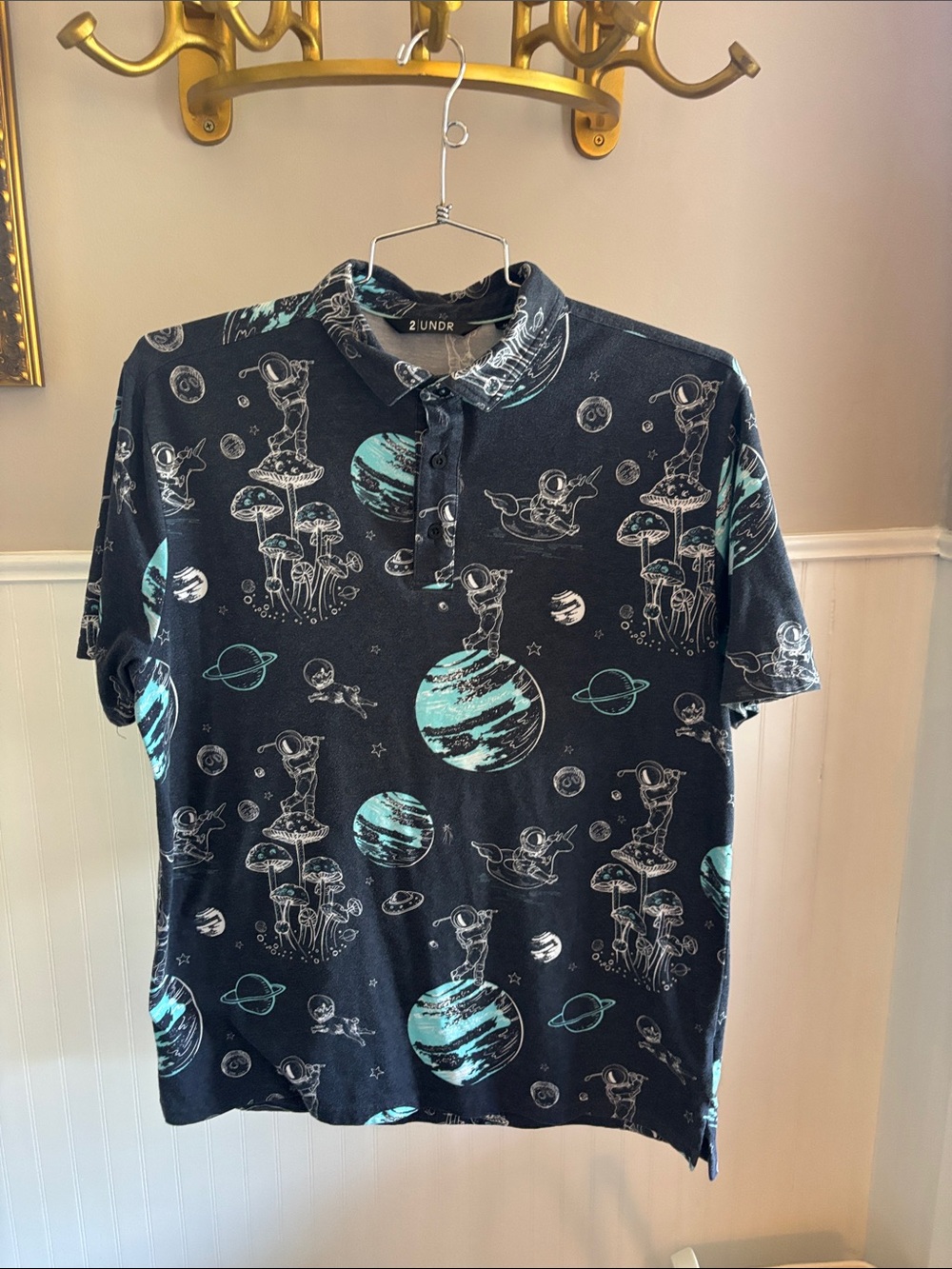 2UNDR Men's Black Polo with Teal Space Print